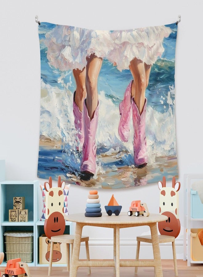 XLDLIOO Coastal Cowgirl Beach Wall Tapestry, Western Preppy Boots Tapestry Hanging for Beachy House Girly Room, Trendy Summer Ocean Tapestries Wall Decor Art for Bedroom Living Room 50x60in - Image 5